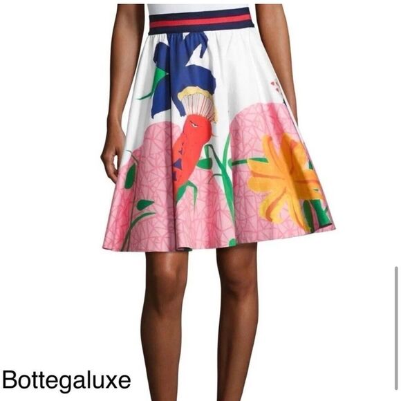 Alice + Olivia Earla Bird Print High Waist Flare A Line Pleated Skirt Womens 2